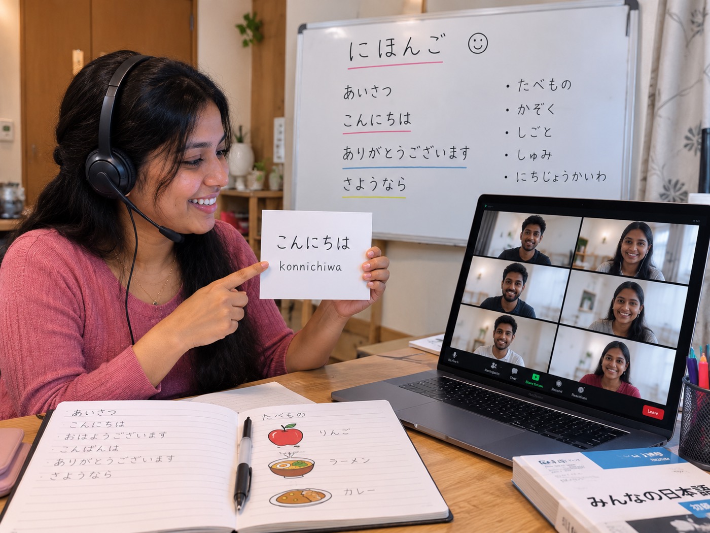 A Japanese teacher holding a こんにちは card during a live online class with students on a laptop