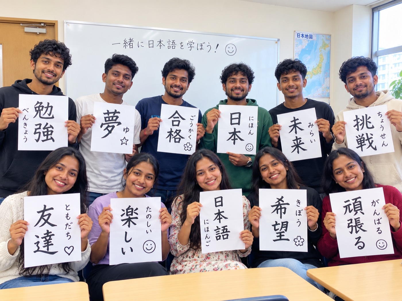Smiling students holding cards with Japanese words such as 勉強 (study), 夢 (dream) and 合格 (pass)